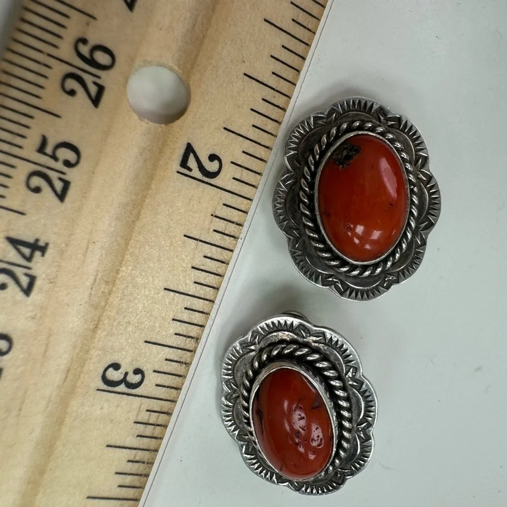 Navajo J. Slifka 925 Sterling silver and coral clip on earrings 11.7g